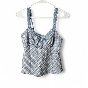 No Boundaries Blue Plaid Lace-Trim Cami Top